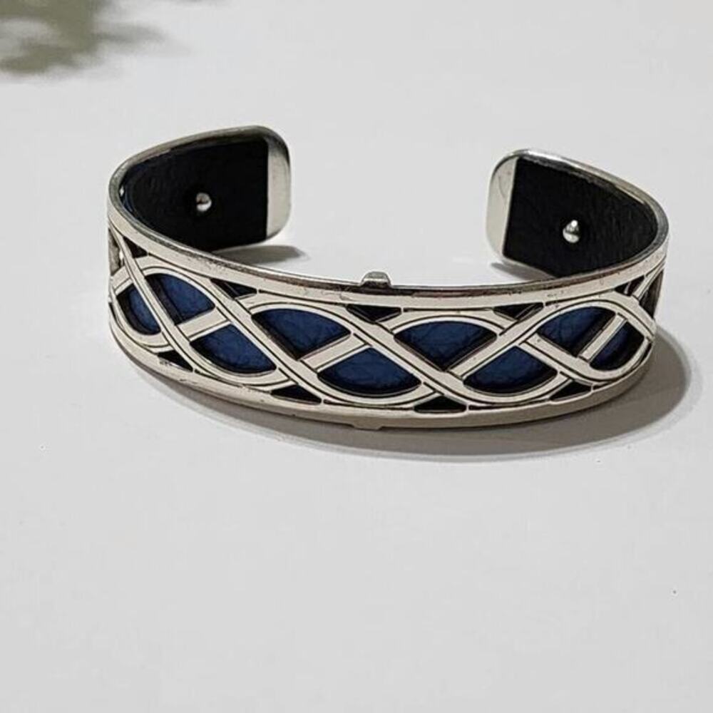 Brighton Cuff Bracelet Silver Tone Metal Openwork Blue‎ Leather Celtic Christo